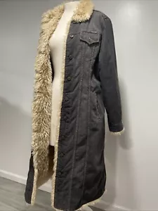 Lucky Brand Faux Fur Lined Long Denim Coat Size L - Picture 1 of 11