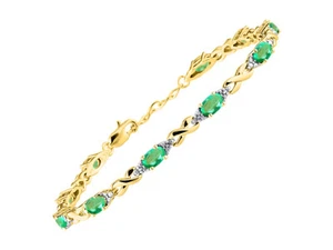 RYLOS EMERALD & DIAMOND TENNIS BRACELET YELLOW GOLD PLATED SILVER 7-8"  - Afbeelding 1 van 6