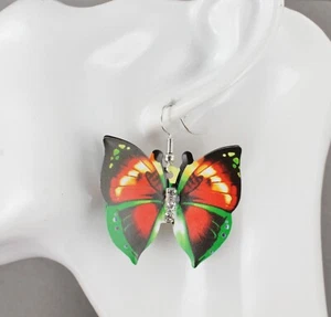 Green Black Red butterfly earrings 3D dangle 1 5/8" long Very lightweight wings - Picture 1 of 9