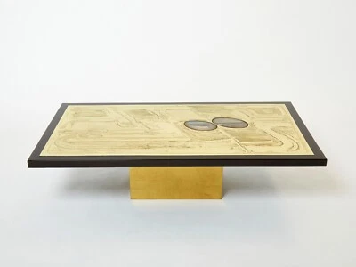 Christian Krekels 签名比利时蚀刻黄铜玛瑙咖啡桌 1979 — 第 1/4 张图片