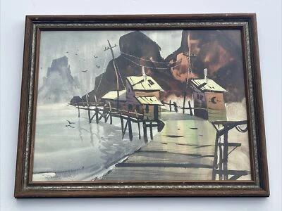 ROBERT LANDRY PAINTING NAUTICAL COASTAL LANDSCAPE Marina Port LISTED FAMOUS - Image 1 of 4