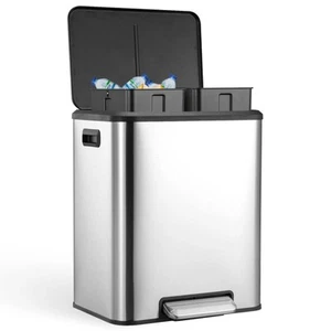 Dual Trash Can 2x4Gallon Stainless Steel Garbage Kitchen Can Removable Inner Bin - Picture 1 of 8