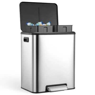 Dual Trash Can 2x4Gallon Stainless Steel Garbage Kitchen Can Removable Inner Bin - Image 1 of 4