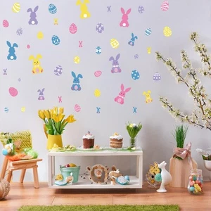Easter Bunny Eggs Wall Sticker (35”x12”)Spring Colorful Rabbit Room Decal Kid... - Picture 1 of 7