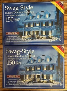 2 Swag-Style String Lights, 150 Ice Blue Bulb White Wire Indoor/Outdoor 10 Ft - Picture 1 of 4