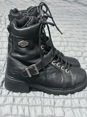 Harley Davidson Botines Mujer 6.5 Cuero Negro Con Cordones 85280 Cremallera Gruesa Foto 1 de 4