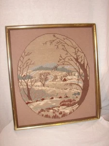 Needlepoint Winter Scene Picture Wood Frame Landscape Picture 15 x 17 inches - Picture 1 of 6