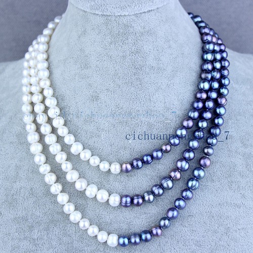 VETEMENTS Collana di perle barocche acqua dolce nere pavone bianco 3 file 7 9 mm 17 19''