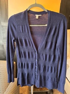 Halogen Women Navy Cardigan Sweater Medium 100% Merlino Wood Button-Up Excellent - Picture 1 of 10