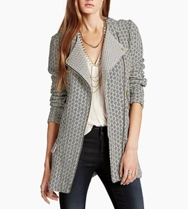 LUCKY BRAND GRAY BLACK WHITE LONG SLEEVE ZIP UP MARNIE ACTIVE KNIT JACKET Sz XS - Picture 1 of 4
