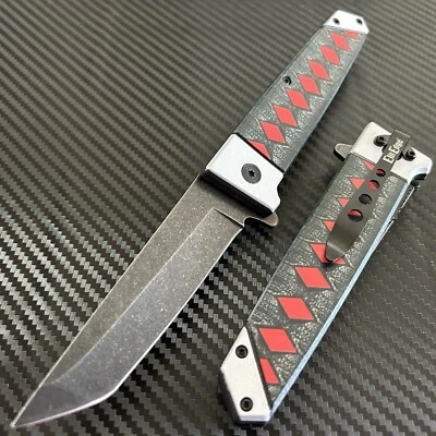 9” Black Mini Katana Spring Assisted Open Blade Folding Pocket Knife Hunting - Image 1 of 4