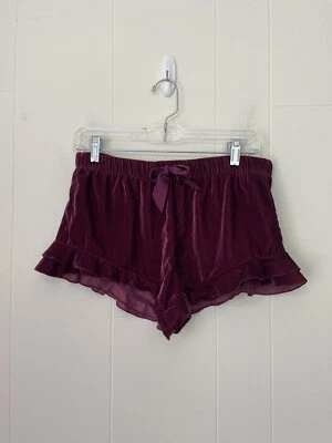 Victoria’s Secret Velour Shorts Burgundy Elastic Waist Ribbon Ruffles ~ Size S - Image 1 of 4