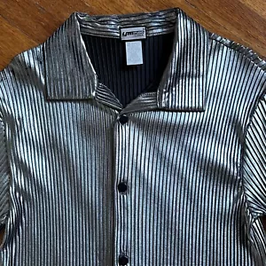 Camicia vintage anni 90 Y2K YMLA Rave uomo grande argento metallizzato plissettata club disco USA - Foto 1 di 14