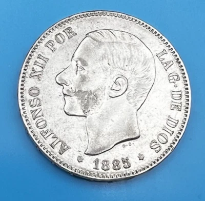 1885 SPAIN 5 PESETAS  ALFONSO XII COIN .900 SILVER HIGH GRADE LARGE WORLD COIN - Image 1 of 4