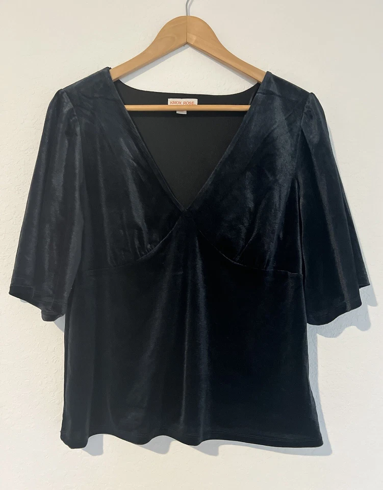 KNOX ROSE Black Velvet Velour Top Sz L Short Flared Sleeve Blouse Elegant Boho - Image 1 of 4