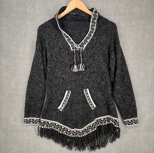 Damen Boho Alpaka Pullover klein weich grau Kapuzenpullover Fransen Tunika peruanisch - Bild 1 von 15