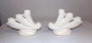 BAUER Cal-Art Pottery Ray Murray Triple Candlesticks Candle Holders Matte White - Picture 1 of 6