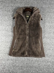 YMI Brown Faux Fur Hooded Vest Women’s Small Quilted Zip Front Sleeveless Jacket - Picture 1 of 6