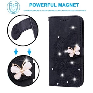For Various Phone Diamond Butterfly Card Wallet Case Bag Girls Flip Stand Cover - Picture 1 of 11