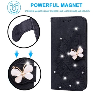 For Various Phone Diamond Butterfly Card Wallet Case Bag Girls Flip Stand Cover - Image 1 of 4
