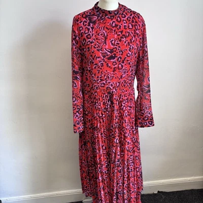 Vestido Midi Whistles Talla 14 Rojo Estampado Animal Selva Gato Plisado Forrado Foto 1 de 4