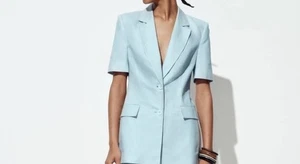 ZARA SOLDOUT~ BABY BLUE FITTED SHORT SLEEVE LINEN BLAZER Size XL. No returns - Picture 1 of 4