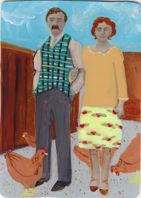 Homem e mulher ricos em galinhas vintage original ACEO 2,5x3,5 – Pintura de arte popular - Imagem 1 de 4