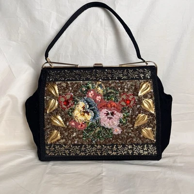 Caron of Houston Original Purse Handbag Hand Beaded Floral Sequins 1950’s Black - Image 1 of 4