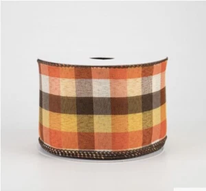 Cinta cuadrada de otoño a cuadros: naranja, marrón, amarillo cinta con cable de 2,5" x 10 yardas - Imagen 1 de 2