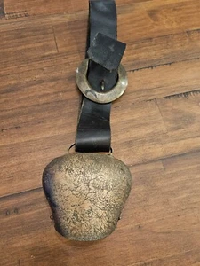 Antique French Cow Bell Metal Swiss Farm Ringing Cowbell with Strap & Buckle - Picture 1 of 7