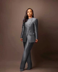 Vintage Women's Satin Suits 2 Pieces Slim Fit for Business Office Wear Plus Size - Picture 1 of 24