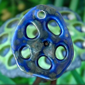 Artisan Pendant Lotus Seed Pod Slice Marbled Blue White Fired Porcelain Focal - Picture 1 of 3