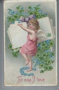 Postcard To One I Love Valentine Cupid & Cards with forget mr not horseshoe #396 - Picture 1 of 2