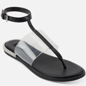 DKNY Ava Leather Ankle Strap Thong Sandals Women's Size 6 Black NWT Vinyl - Picture 1 of 7