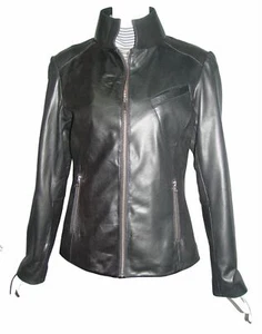 Female 4193 New Black Sheepskin Lightweight Scuba Moto Biker Rider Short Jacket - Picture 1 of 3