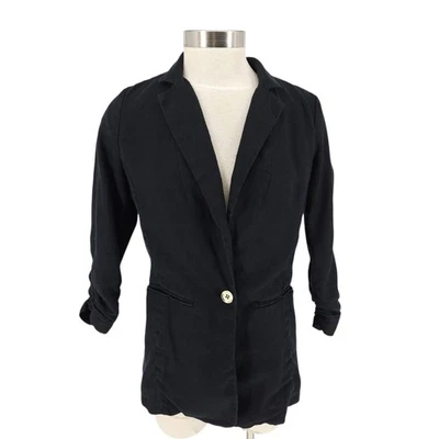 Michael Kors Blazer Linen Black Ruched 3/4 Sleeve 1 Button Jacket Womens 6 - Image 1 of 4