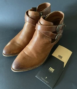 Frye Ray Women's 8.5 Brown Leather Western Boots Buckle Block Heel Ankle Booties - Picture 1 of 18