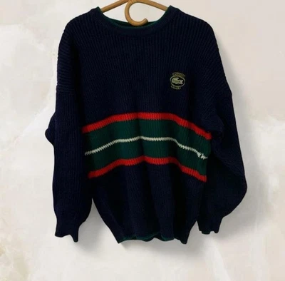 Chemise Lacoste Vintage mens Navy jumper sweater Red & green stripe 16 XXL wool - image 1 of 4
