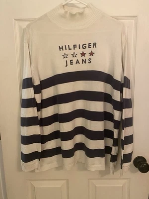 Tommy Hilfiger 牛仔裤复古罗纹高领毛衣女式 2X 蓝色/白色 — 第 1/4 张图片