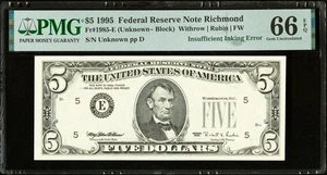 1995 $5 Federal Reserve  Insufficient Inking of Third Printing Error Fr. 1985-E - Picture 1 of 2