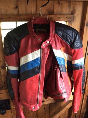 Vintage Erbo Suzuki 2 Piece Bike Leathers Red,blue,white,black Stripes 38”32” - Image 1 of 4