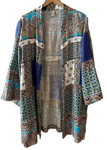 Chico's Artsy Patchwork 100% Linen Long Jacket Kimono Open Cardigan Size 4 XXL - Picture 1 of 8