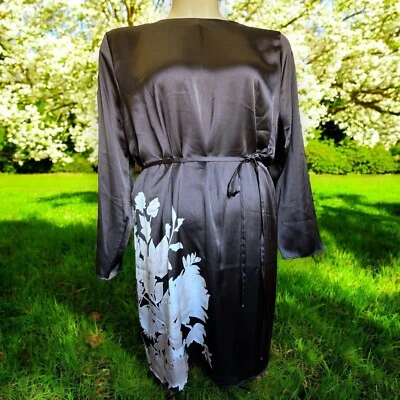 H&M EUR Xxl Satin Shiny black & White Floral Waist Tie  dress BNWT - image 1 of 4