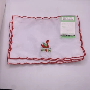 VTG Christmas Swan Dinner Napkins White Cotton Red Border (Set of 6) - Picture 1 of 2