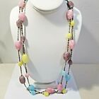 LONG CHUNKY PASTEL COLOR ARTGLASS BEADED NECKLACE ON PAPERCLIP CHAIN VINTAGE