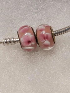 Set of 2 NEW Pandora Lt Pink w/Pink Flowers Murano Glass Beads (GOLDEN CORE) - Picture 1 of 2