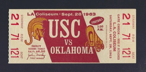 VINTAGE 1963 NCAA OKLAHOMA SOONERS @ USC TROJANS FOOTBALL FULL UNUSED TICKET Cover