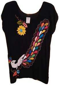 MEXICAN EMBROIDERED Women's Blouse Black Colorful Bird & Flower Size S/M - Picture 1 of 7