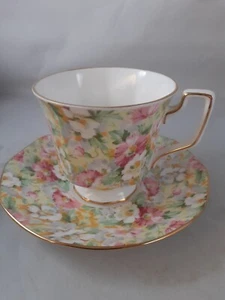 Tazza da tè e piattino Queens inglese chintz rosa giallo osso Cina inglese - Foto 1 di 7