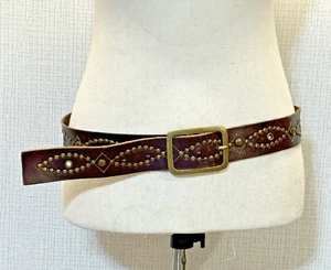 Brown Brazilian Leather Boho Cowgirl Brass Studded Brass Rect. Buckle Belt India - Picture 1 of 9